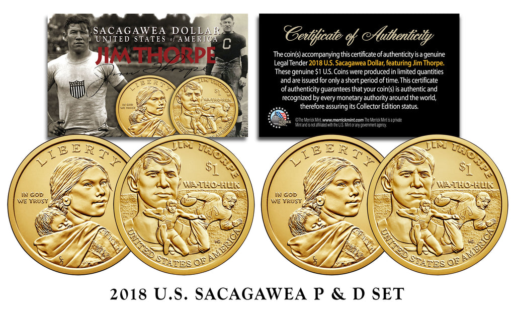 18 U S Mint P D Native American Sacagawea Jim Thorpe 1 Dollar Co Merrick Mint