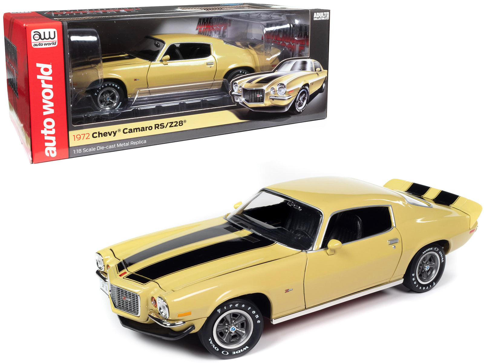1972 Chevrolet Camaro RS Z28 Cream Yellow with Black Stripes "American Muscle" Series 1/18 Diecast Model Car by Autoworld