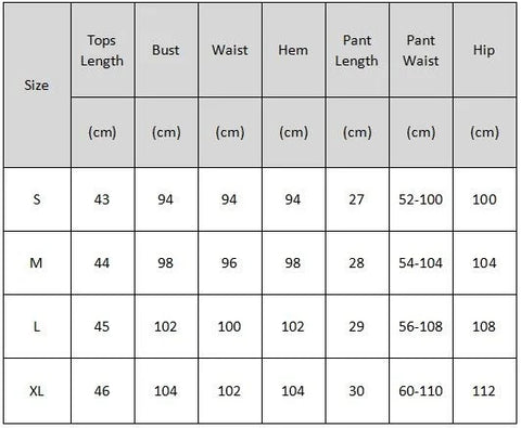 Sexy Pajama set size chart