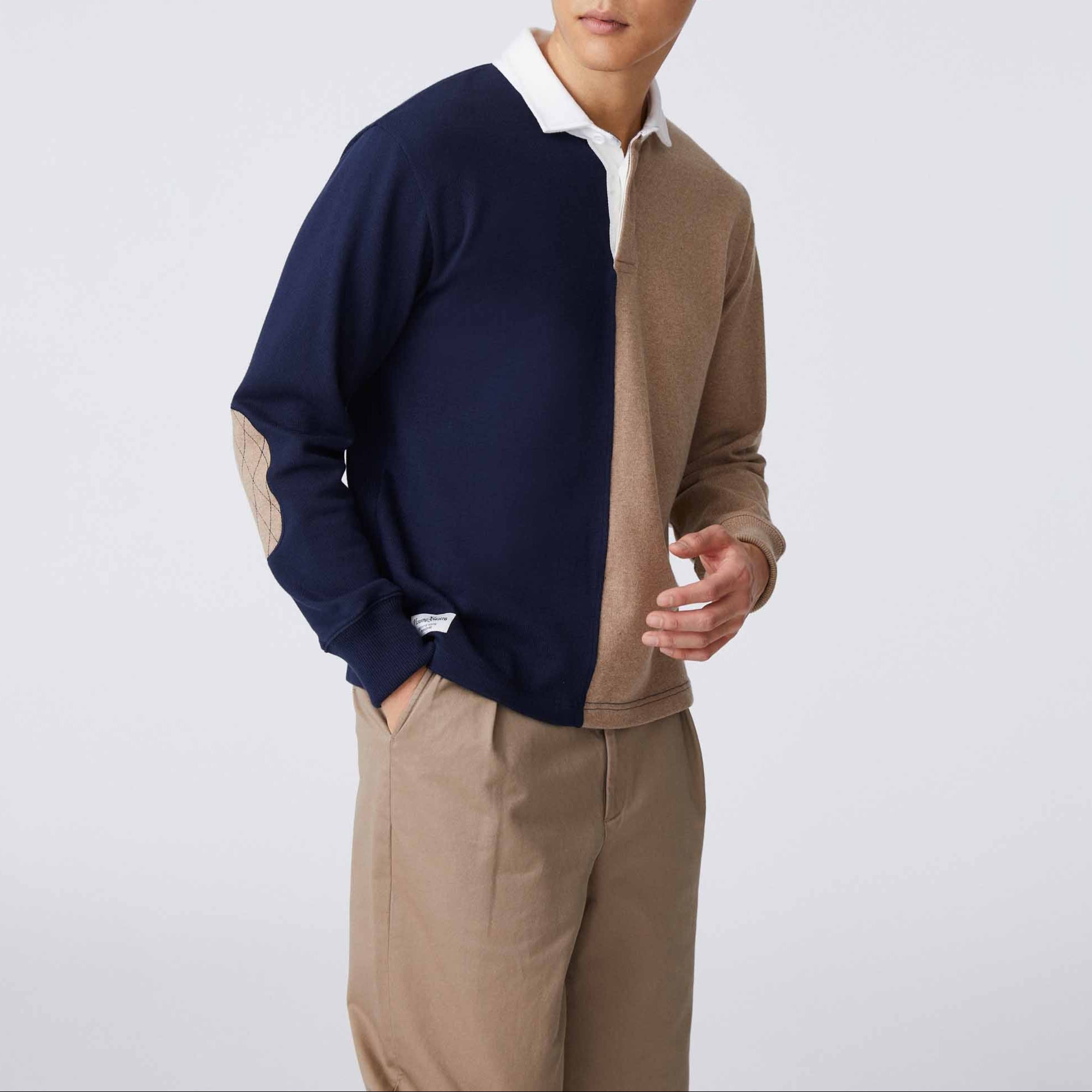Men's Cotton Color Block Elbow Patch Rugby Navy Khaki