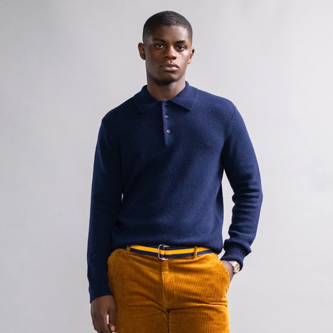 Men's Cashmere Long Sleeve Sweater Polo Navy