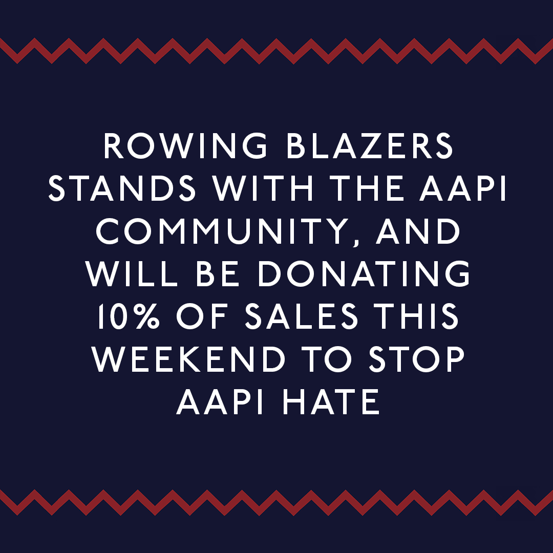 Text describing how Rowing Blazers will be donating 10% of sales to AAPI this weekend