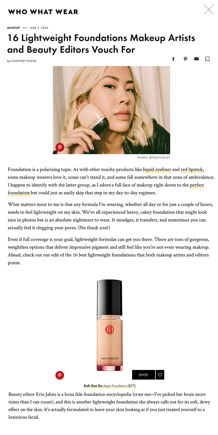 16 Lightweight Foundations Makeup Artists and Beauty Editors Vouch For The Best Lightweight FoundationsPinterest PHOTO: @THESTYLECAT Foundation is a polarizing topic. As with other touchy products like liquid eyeliner and red lipstick, some makeup wearers love it, some can't stand it, and some fall somewhere in that zone of ambivalence. I happen to identify with the latter group, as I adore a full face of makeup right down to the perfect foundation but could just as easily skip that step in my day-to-day regimen.  What matters most to me is that any formula I'm wearing, whether all day or for just a couple of hours, needs to feel lightweight on my skin. We've all experienced heavy, cakey foundation that might look nice in photos but is an absolute nightmare to wear. It smudges, it transfers, and sometimes you can actually feel it clogging your pores. (No thank you!)   Even if full coverage is your goal, lightweight formulas can get you there. There are tons of gorgeous, weightless options that deliver impressive pigment and still feel like you're not even wearing makeup. Ahead, check out our edit of the 16 best lightweight foundations that both makeup artists and editors praise. Beauty editor Erin Jahns is a bona fide foundation encyclopedia (trust me—I've picked her brain more times than I can count), and this is another lightweight foundation she always calls out for its soft, dewy effect on the skin. It's actually formulated to leave your skin looking as if you just treated yourself to a luxurious facial.