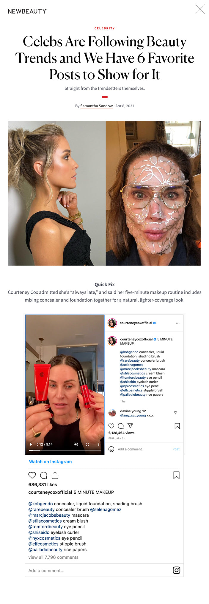 Celebs Are Following Beauty Trends and We Have 6 Favorite Posts to Show for It Straight from the trendsetters themselves. By Samantha Sandow · Apr 8, 2021 Celebs Are Following Beauty Trends and We Have 6 Favorite Posts to Show for It featured image INSTAGRAM: RIAWNA; INSTAGRAM: BROOKESHIELDS This article first appeared in the Spring 2021 issue of New Beauty. Click here to subscribe As one season rolls into the next, the trends keep changing, and A-listers aren’t immune from following the fads.    Strand Swap Prepping their locks for the highly anticipated spring season, Hilary Duff opted for a mermaid-blue hue using pregnancy-safe dye, while Kristin Cavallari rocked a chic, yet simple face-framing pony courtesy of celebrity stylist Riawna Capri.   Advertisement  Launch Pad Jada Pinkett Smith announced the launch of her sustainable and vegan personal-care line, Hey Humans, a current Target exclusive. Our favorite part? Everything in the line is less than $6.   Wellness Queen Brooke Shields has been doing much more than applying face masks during quarantine. As she exclusively told us, her routine also consists of celery juice and defending her beauty products from her daughters.  It's Personal At NewBeauty, we get the most trusted information from the beauty authority delivered right to your inbox   Advertisement  Cup Holder Busy Philipps shared a post-cupping picture from her bathroom. The ancient Chinese therapy is one of her favorite wellness solutions for when things are feeling out of whack.   Quick Fix Courteney Cox admitted she’s “always late,” and said her five-minute makeup routine includes mixing concealer and foundation together for a natural, lighter-coverage look.   Advertisement FIND A DOCTOR Find a NewBeauty "Top Beauty Doctor" Near you  Select a state State Select a state Specialty Select a state Treatment SEARCH CELEBRITY NEW BEAUTY Facebook Email Twitter READ MORE  ANTI-AGING The $12 Concealer and A