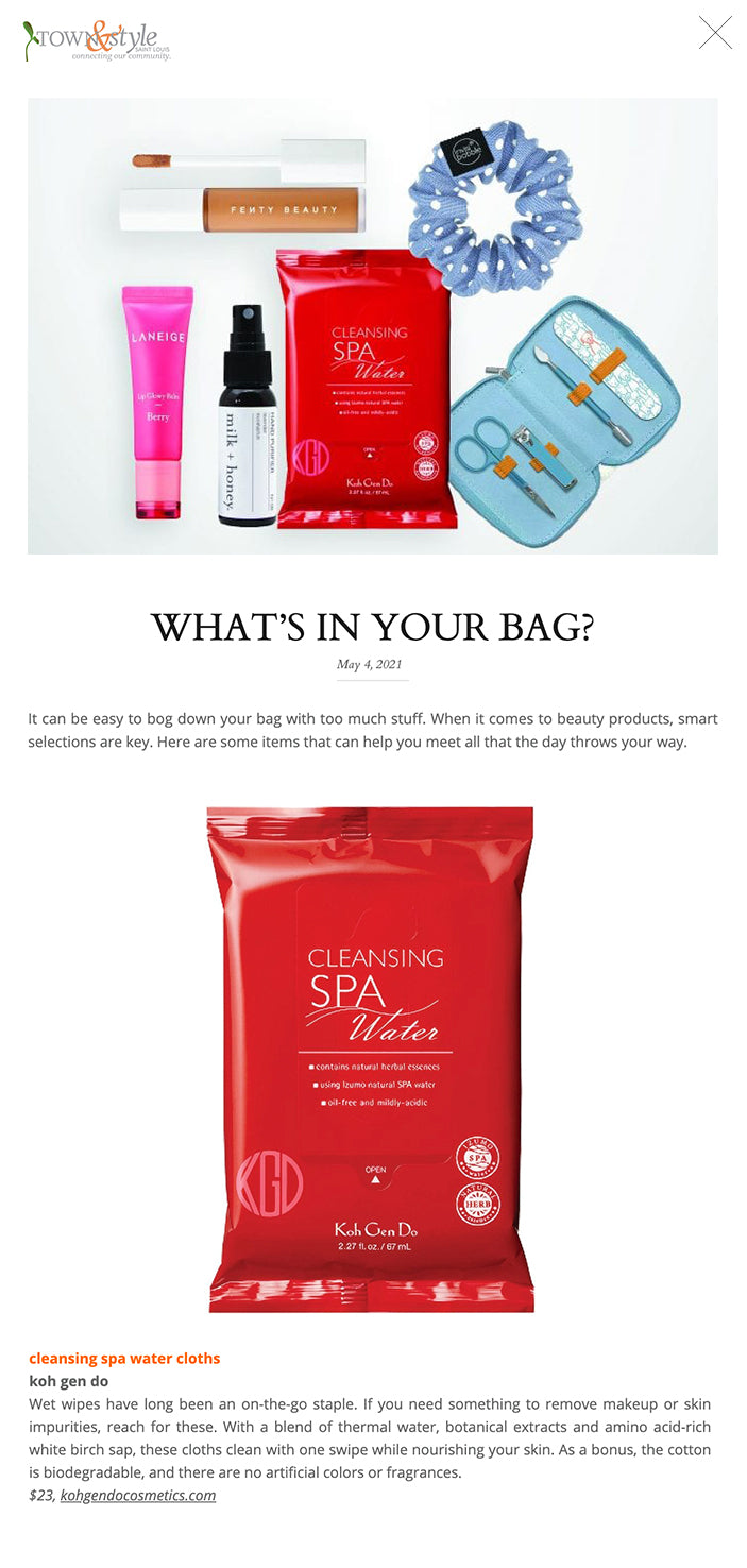 WHAT’S IN YOUR BAG? May 4, 2021 It can be easy to bog down your bag with too much stuff. When it comes to beauty products, smart selections are key. Here are some items that can help you meet all that the day throws your way.    sprunchie  invisibobble  Invisibobble’s traceless hair rings are known for offering less damage and less pain than traditional elastic hair ties while still holding tight for all-day wear. The originals resemble old school phone cords, but if that’s not the look you’re going for, the company now offers its traditional spiral tie in a scrunchie (or ‘sprunchie’). $10/2, ulta.com   lip glowy balm laneige  Some lip products offer moisture, and others provide a splash of color. Get yourself one that can do both. Formulated with murumuru and shea butter, this lightweight balm hydrates and locks in moisture while offering a kiss of long-lasting color. $17, us.laneige.com   puppy pile manicure set studio oh  A bothersome hangnail or broken nail can strike at any time, making a travel manicure set a must. This one’s got everything you need for perfectly groomed nails: scissors, clippers, cuticle pusher and emery board. Plus, the dog-themed packaging is too adorable to pass up.  $13, nordstromrack.com   cleansing spa water cloths koh gen do Wet wipes have long been an on-the-go staple. If you need something to remove makeup or skin impurities, reach for these. With a blend of thermal water, botanical extracts and amino acid-rich white birch sap, these cloths clean with one swipe while nourishing your skin. As a bonus, the cotton is biodegradable, and there are no artificial colors or fragrances.  $23, kohgendocosmetics.com   hand purifier no. 08 milk + honey  There is no question about the value of hand sanitizer. Along with denatured alcohol, this plant-based spray is formulated with lavender and eucalyptus oils, which have antibacterial and antimicrobial properties to naturally disinfect without drying or irritating skin. $6, milkandhoney.com   pro filt’r instant retouch concealer fenty beauty Sometimes, you need a touch up throughout the day, so don’t forget your concealer. Fenty offers the largest, most diverse shade range out there with 50 to choose from, so you’re sure to find your perfect match. The sweat-resistant formula offers full coverage without creasing or settling into fine lines or pores.  $26, fentybeauty.com  Tweet this articleShare on Facebook