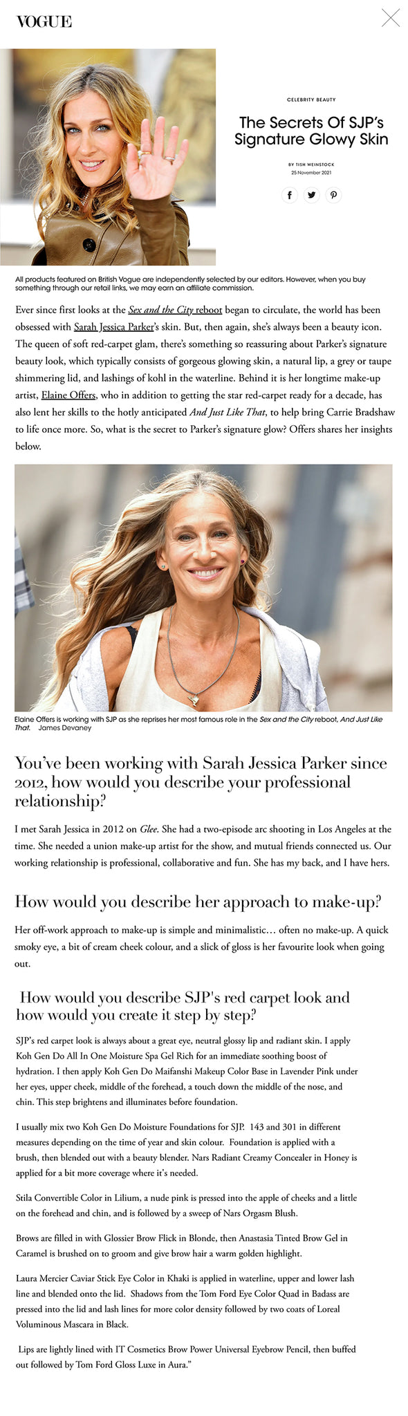 Ever since first looks at the Sex and the City reboot began to circulate, the world has been obsessed with Sarah Jessica Parker’s skin. But, then again, she’s always been a beauty icon. The queen of soft red-carpet glam, there’s something so reassuring about Parker’s signature beauty look, which typically consists of gorgeous glowing skin, a natural lip, a grey or taupe shimmering lid, and lashings of kohl in the waterline. Behind it is her longtime make-up artist, Elaine Offers, who in addition to getting the star red-carpet ready for a decade, has also lent her skills to the hotly anticipated And Just Like That, to help bring Carrie Bradshaw to life once more. So, what is the secret to Parker’s signature glow? Offers shares her insights below.