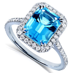 Emerald-Cut Swiss Blue Topaz and Diamond Halo Ring 