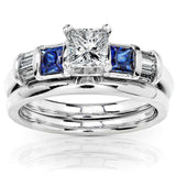 Blue Sapphire & Diamond Wedding Rings Set 1 1/5 Carat (ctw) In 14k White Gold