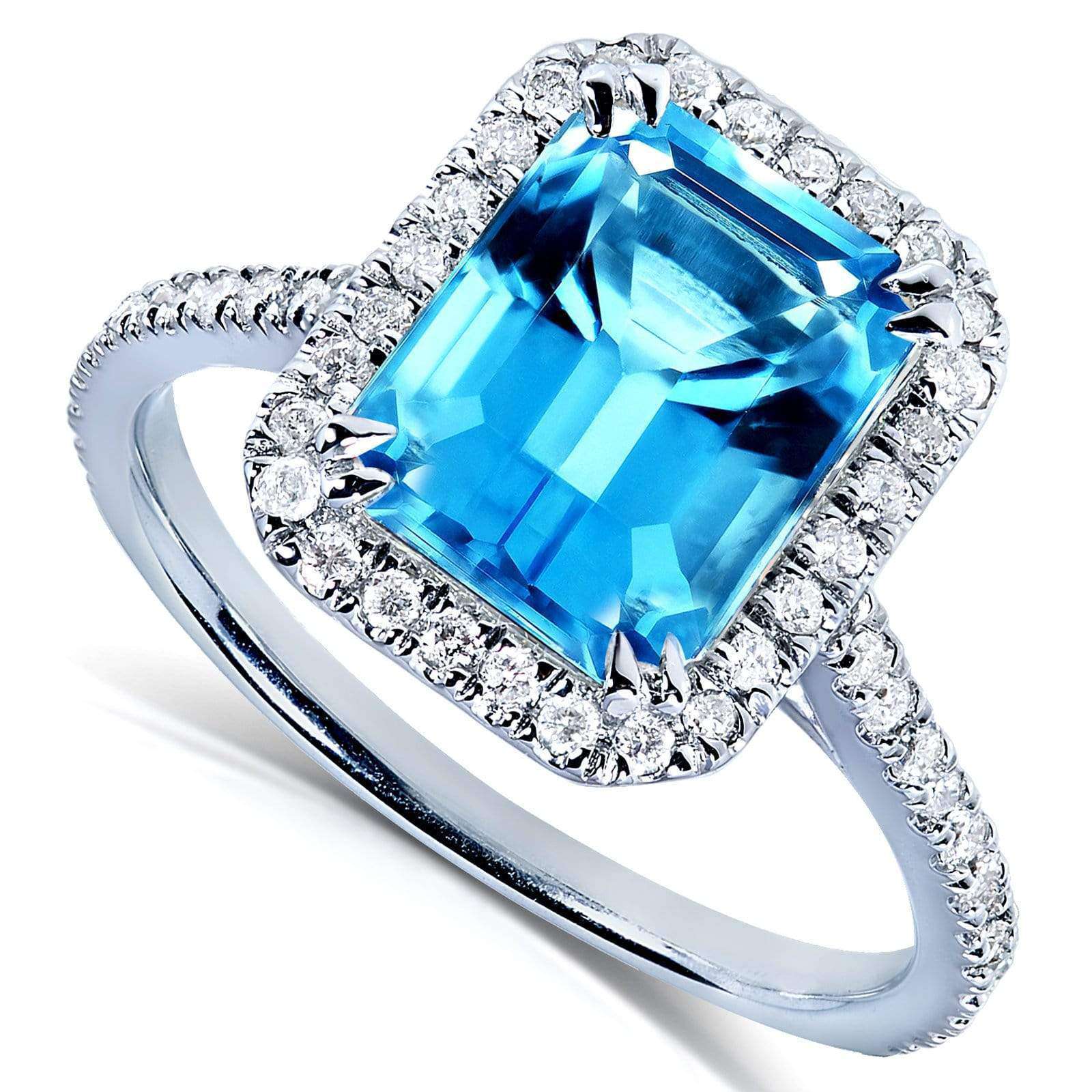 Emerald Cut Swiss Blue Topaz and Diamond Halo Ring 3ct CTW 14k White G