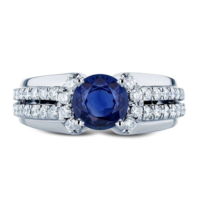 Blue Sapphire and Diamond Split Shank Engagement Ring 1 1/2 TCW in 14k White Gold