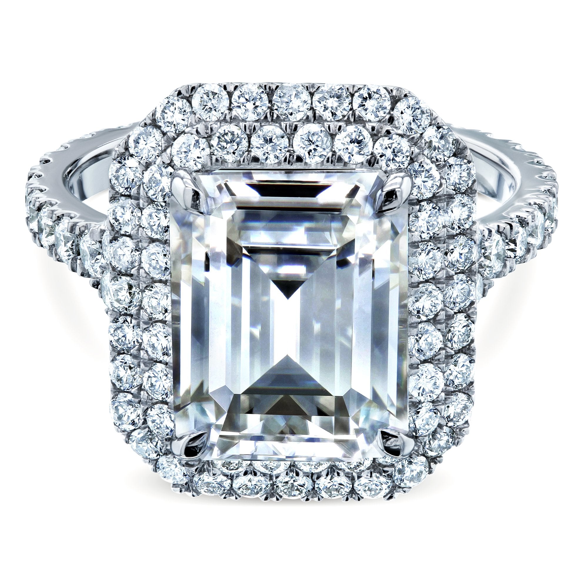 Kobelli | Large Emerald Double Halo Moissanite and Diamond Ring