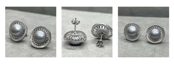 Luxe sterling silver & silver grey freshwater Pearl basket stud earrings at Twelvesilvertrees.com 