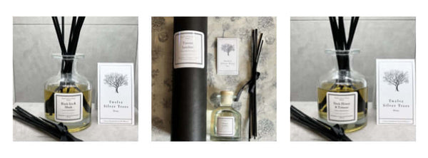Blog post image of our handmade vegan reed diffusers at twelve silver trees jewellery 
