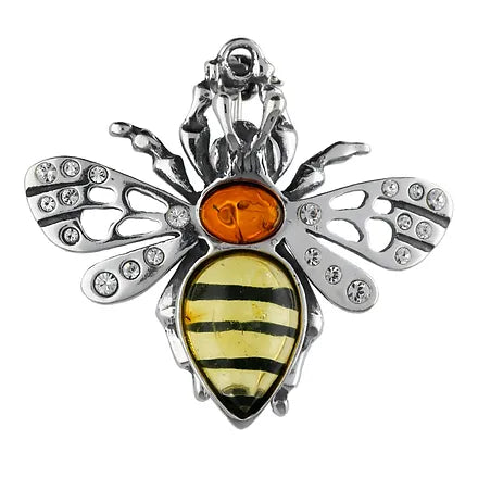 Sterling silver & baltic amber bee brooch set with cubic zirconia at twelve silver trees jewellery & gifts