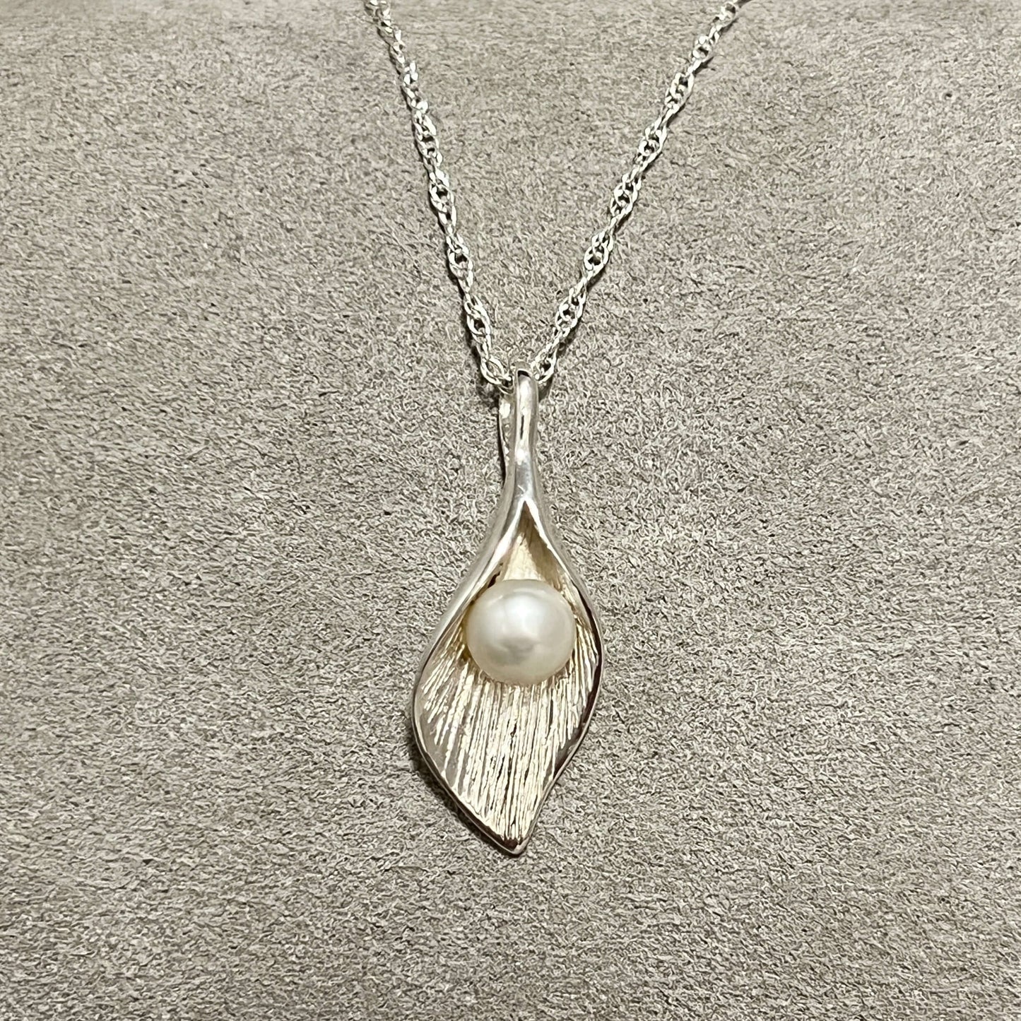 Hand Crafted Calla Lily in Sterling Silver & Freshwater Pearl Pendant - Twelve Silver Trees