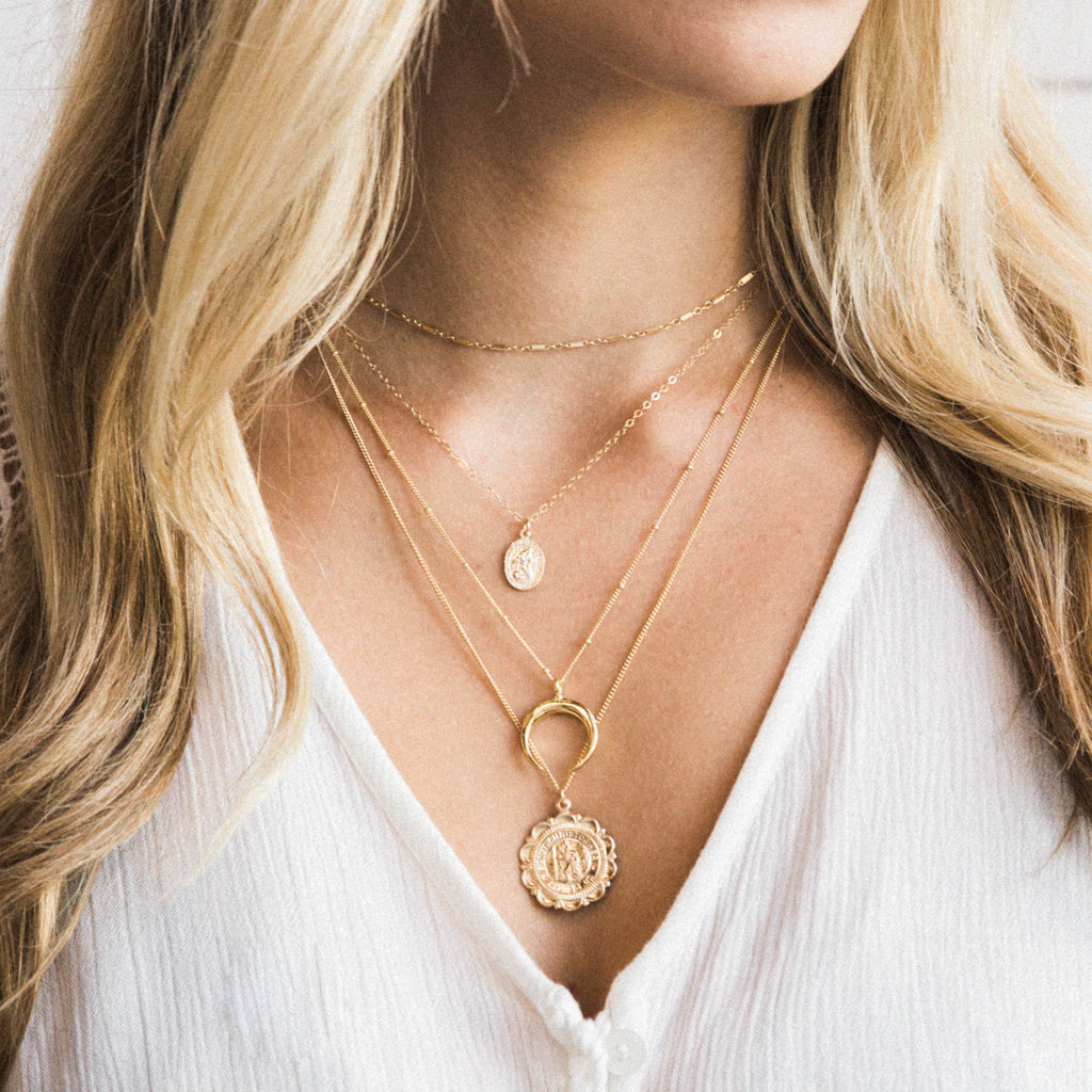 Layered Necklaces - Shimmer Choker, St. Christopher Necklace, Horn Necklace, Traveler's Coin Necklace | Simple & Dainty