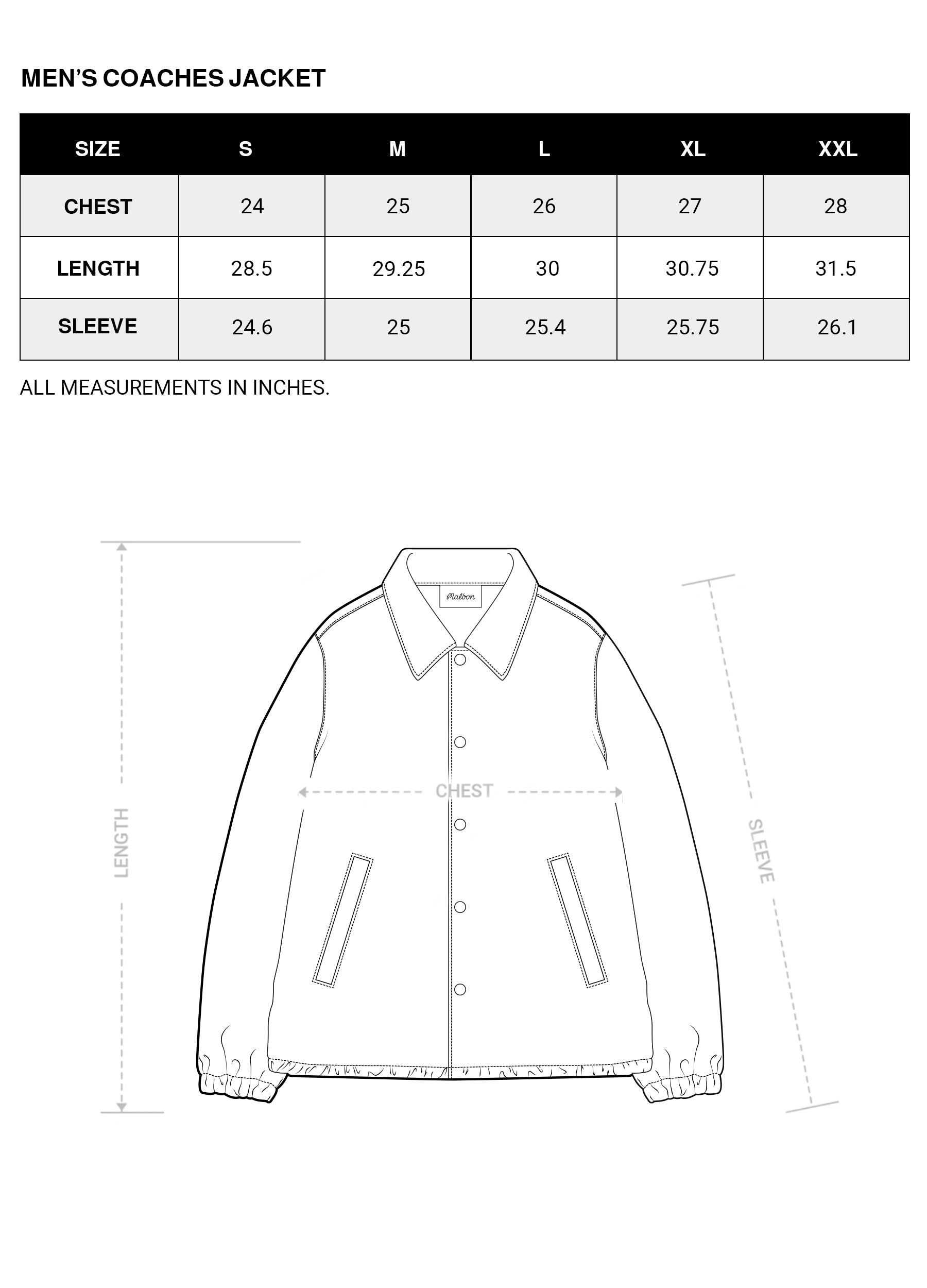 Men's Coaches Jacket Size Chart – Malbon Golf