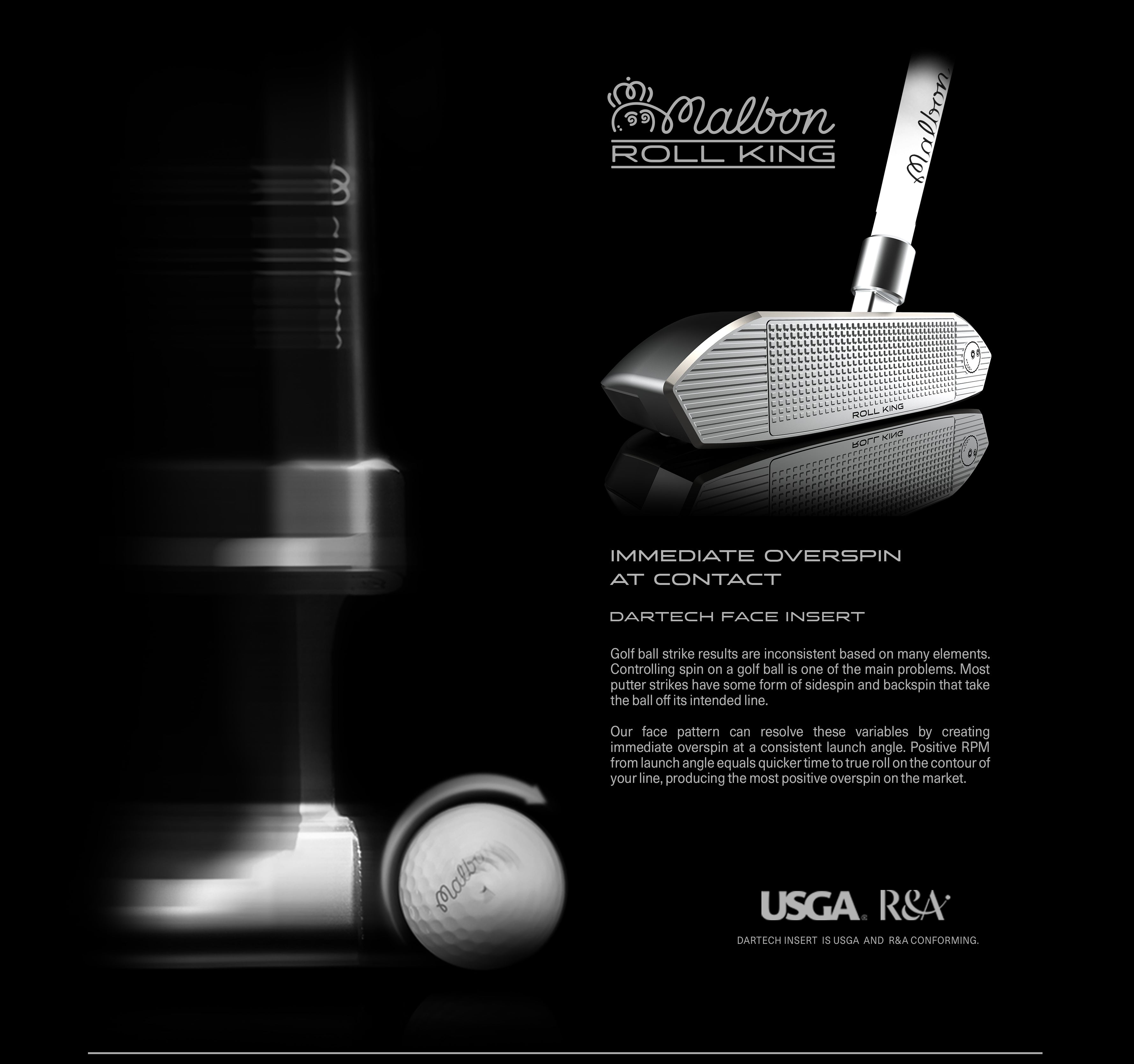 Black and white advertisement image showing a golf putter and golf ball with descriptive text.