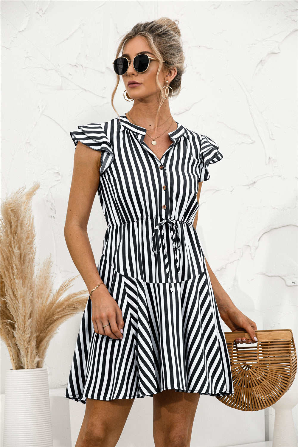 Striped Notched Collar Button Tied Front Should Sleeve Mini Dress for ...