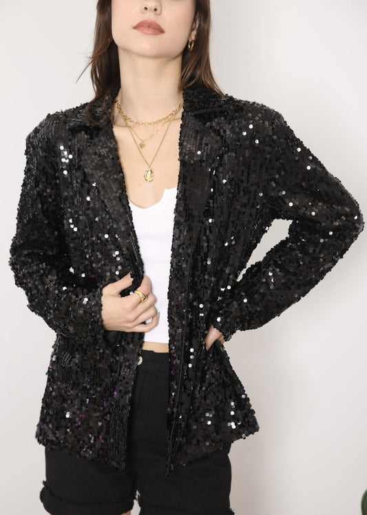 Women Open Front Sequins Jacket Puff Long Sleeve Short Blazer Club