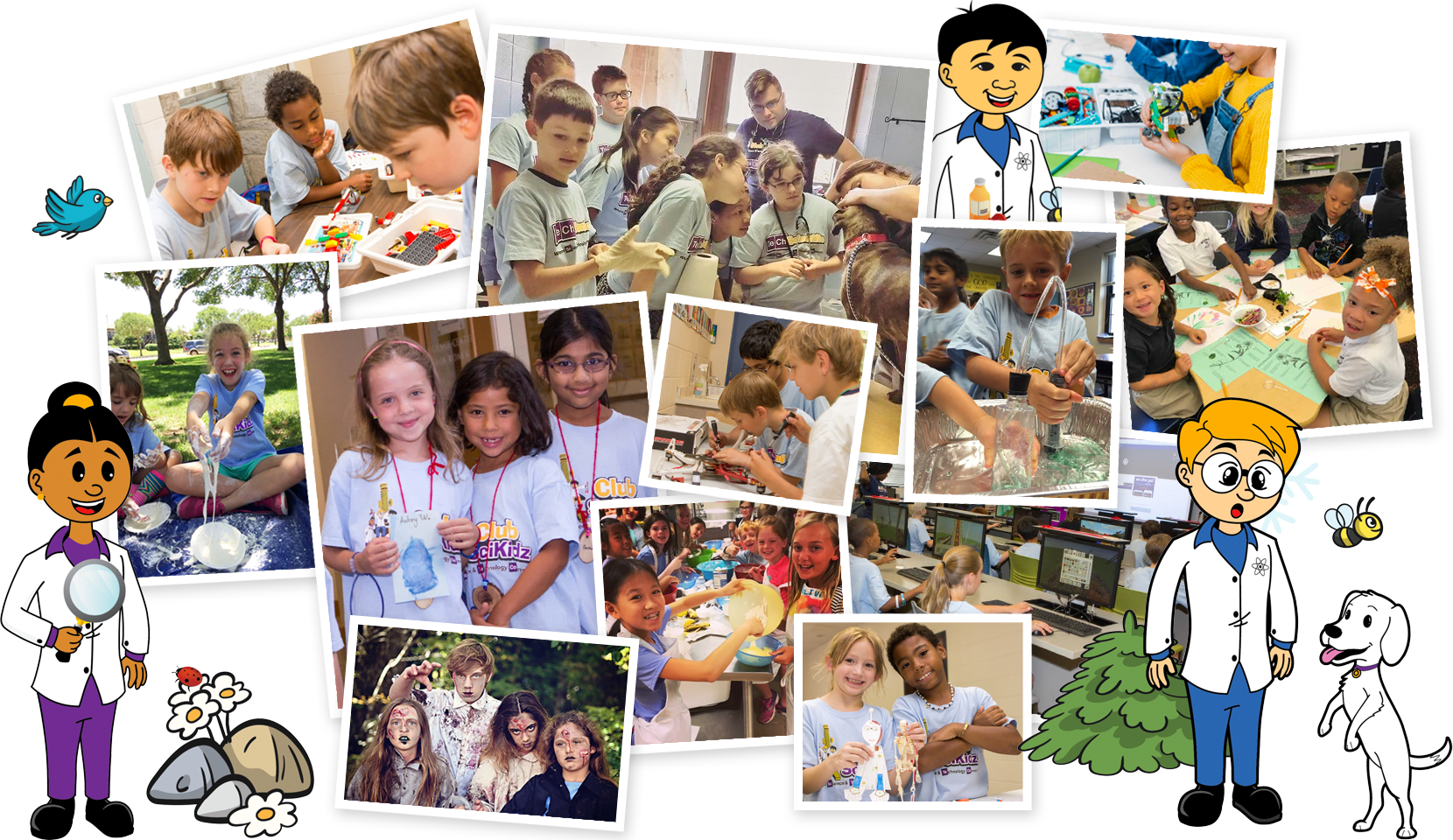 collage of images showing kids engaged in science experiments and science kit boxes