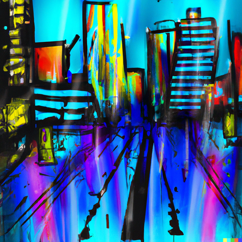 A cityscape at night with neon lights and reflections on wet streets