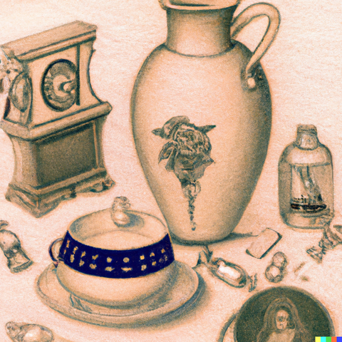 A still life of a collection of trinkets or sentimental objects