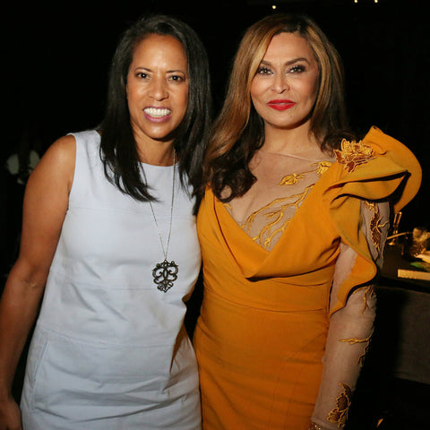 Michelle Ebanks with Tina Lawson at Essence Festival wearing Annie Moran's Custom Jewelry