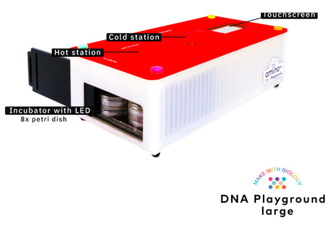 The DNA playground is a three-in-one machine that allows you to instantly set up a hot station, cold station, and incubator right in your school, home, or local maker space!