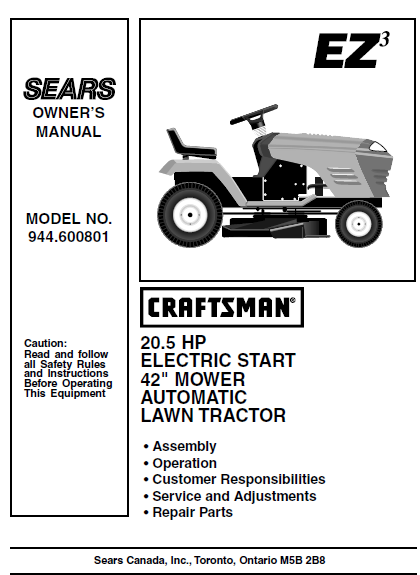 944 600801 Manual For Craftsman 20 5 Hp 42 Lawn Tractor Dr Mower Parts