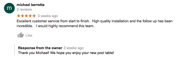 Pool Table Recent Testimonial