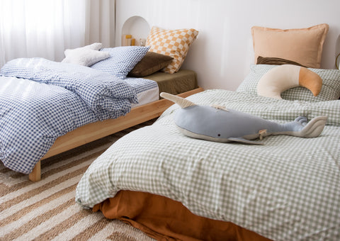 blue and sage gingham doona covers on kids beds