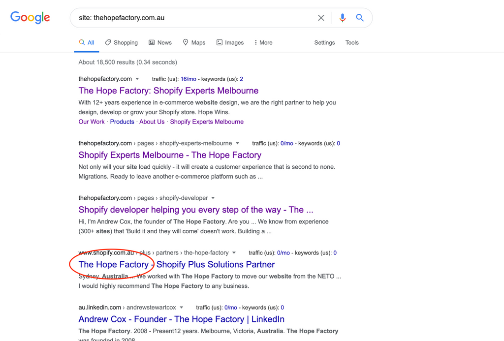 List of what web pages from The Hope Factory site are indexed on Google.