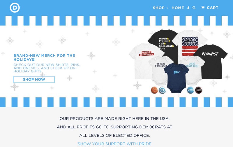 Democrat shop header with holiday offering of tees