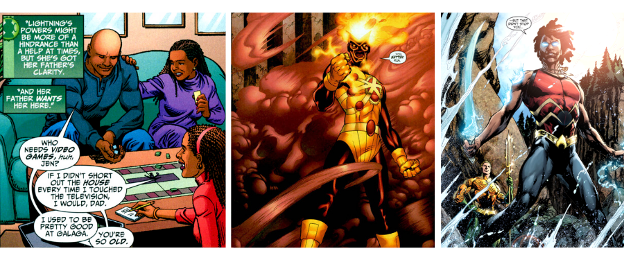 Pierce family, Firestorm and Aqualad; panels courtesy of DC Comics, DC Universe
