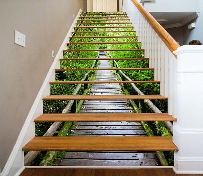 3D Wood Bridge Green Trees 1535 Stair Risers | AJ Wallpaper