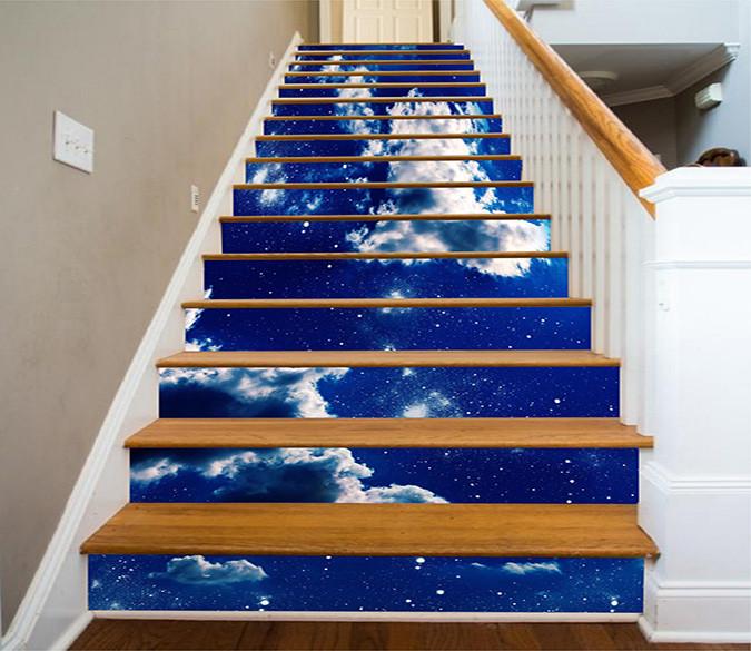 3D Blue Sky Stars Clouds 795 Stair Risers | AJ Wallpaper