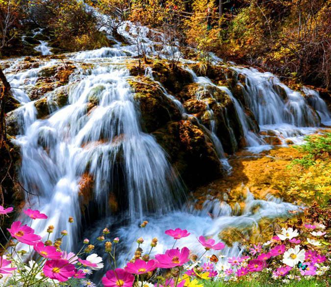 3d Waterfall And Flowers Floor Mural Aj Wallpaper