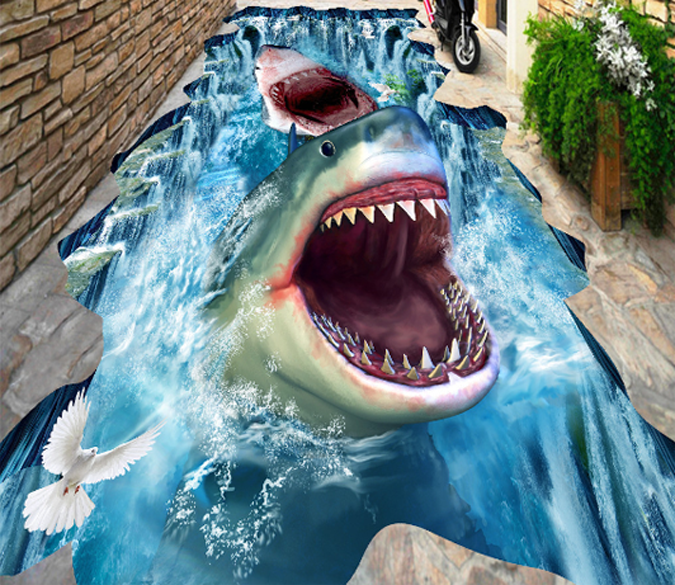 Sharks 3D Floor Mural: Chắc chắn rằng đây là một bức tranh trên sàn tuyệt đẹp, sẽ đưa bạn đến thế giới dưới đại dương với những con cá mập nguy hiểm và ấn tượng. Cảm giác như bạn đang đứng giữa đại dương xanh thẳm, sẽ khiến bạn cảm thấy mình đang tham gia vào một chuyến phiêu lưu kỳ thú.