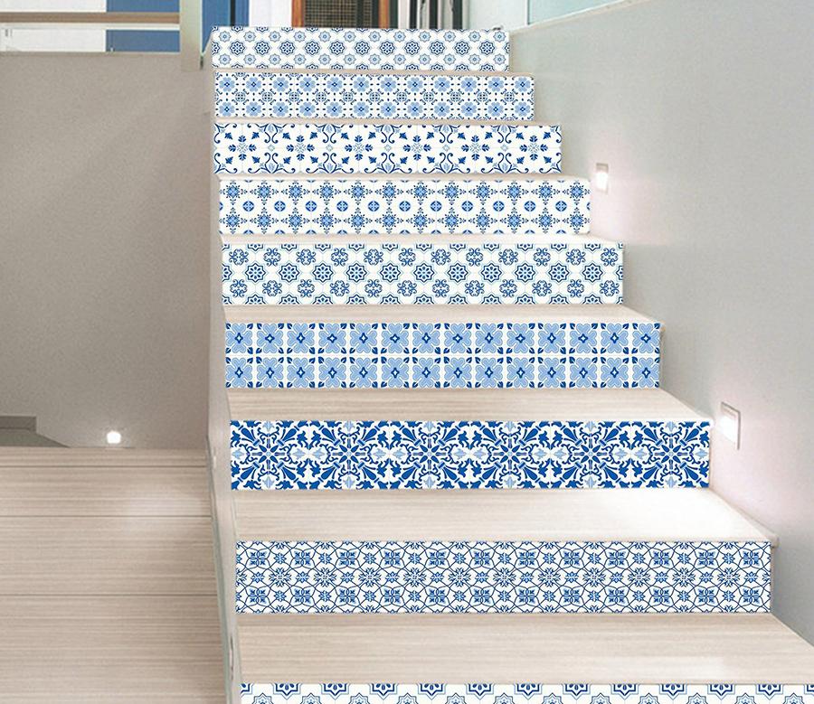 3D Blue Pattern 376 Stair Risers | AJ Wallpaper