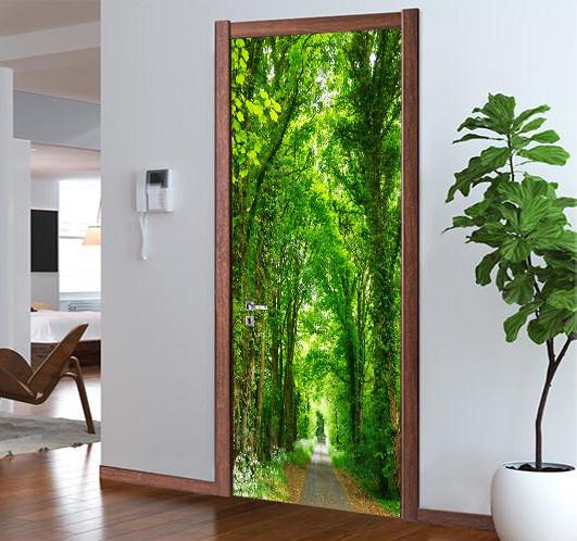 3D tree green trees street door mural | AJ Wallpaper