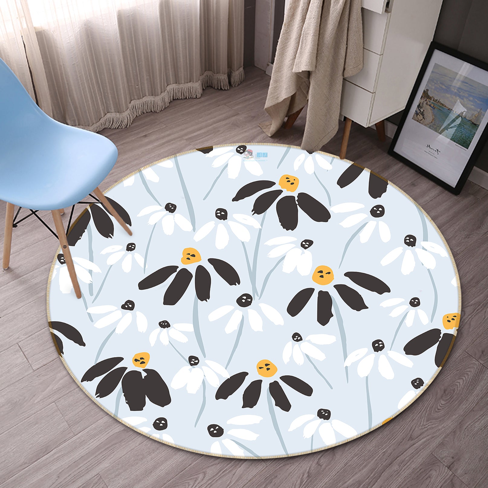 3D Black White Petal Flower 10515 Kashmira Jayaprakash Rug Round