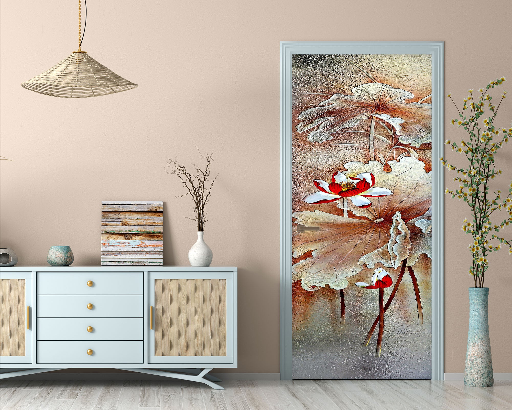 Tranh cửa hoa sen đỏ 3D giúp đưa một chút sắc hồng tươi tắn vào không gian phòng bạn. Hình ảnh 3D chân thực, phong phú như những bông hoa sen đang nở rộ sẽ càng khiến bạn cảm thấy thư giãn, thoải mái hơn.