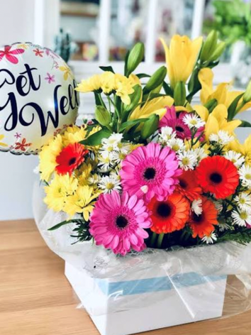 flower basket with get well soon balloon