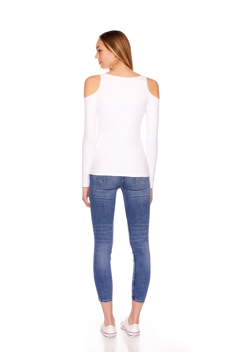 open shoulder long sleeve crew top