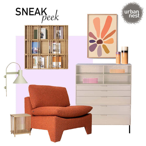 Moodboard of Hubsch and HKliving products. Retro lounge fauteuil in brick and modular cabinet from HKliving. Acorn magazine holder in natural and the column magazine holder from Hubsch 