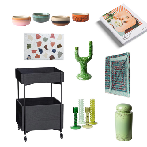 black trolley, marble terrazo board, emeralds candle holders, storage jar kiwi, gestalten book delicious places, 70's ceramics dessert bowls, hkliving