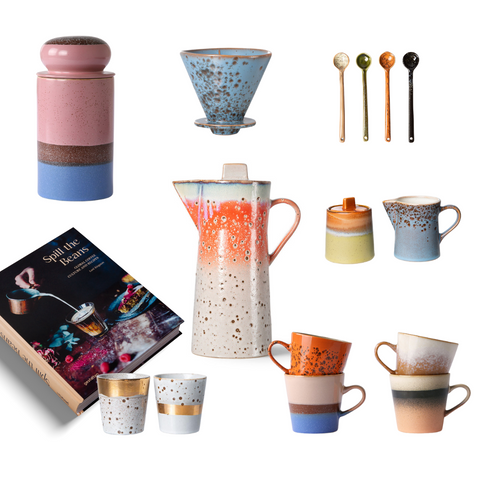 hkliving 70's ceramics storage jar reef, spoons large, coffee filter, asteroids coffee pot, christmas mugs gem and sparkle, americano mugs cupid, milk jug and sugar pot berry peat, gestalten book spill the beans