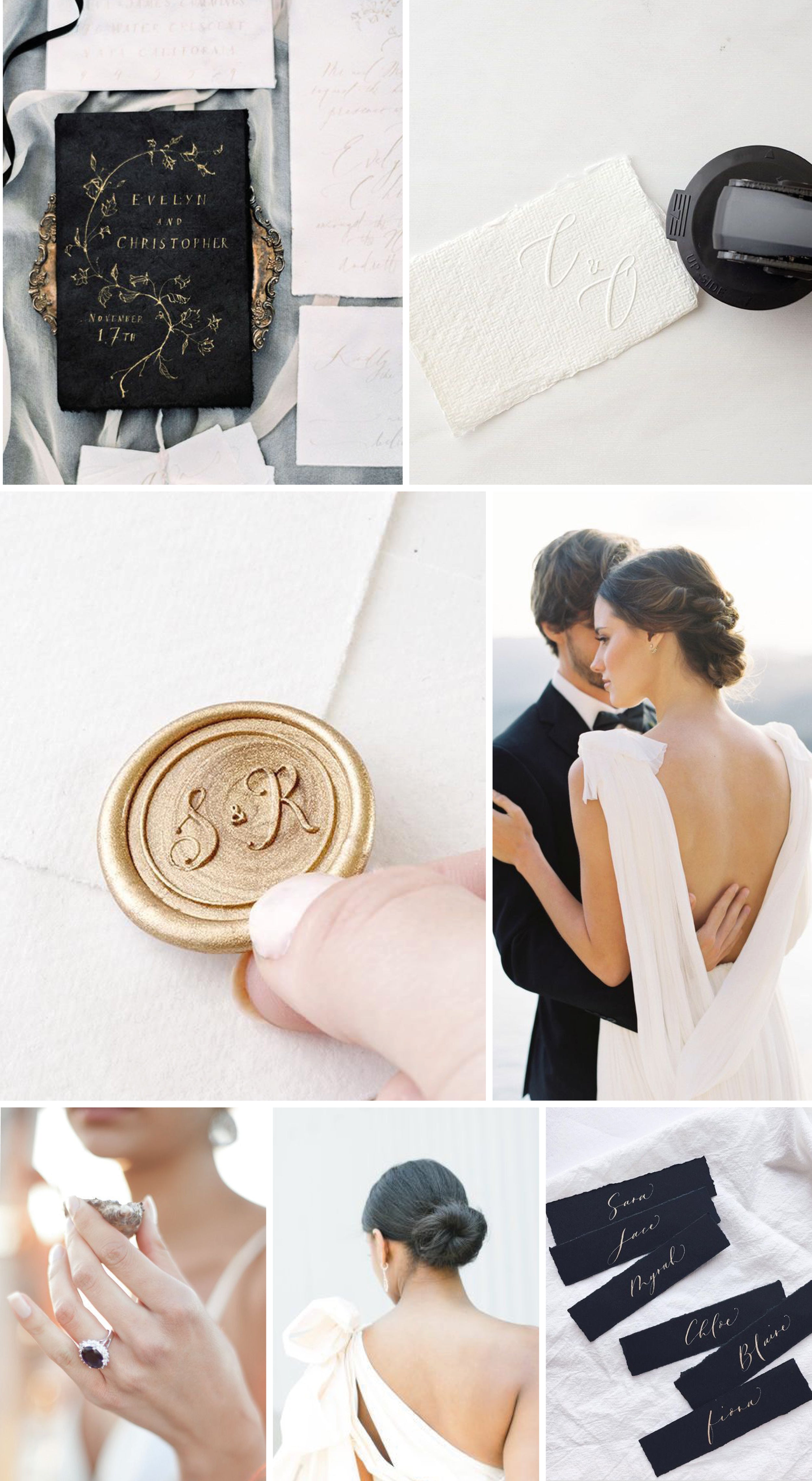 Elegant Luxe Minimal Monochrome Wedding Inspiration | Gold Monogram Self-Adhesive Wax Seals and Envelope Embosser | Heirloom Seals