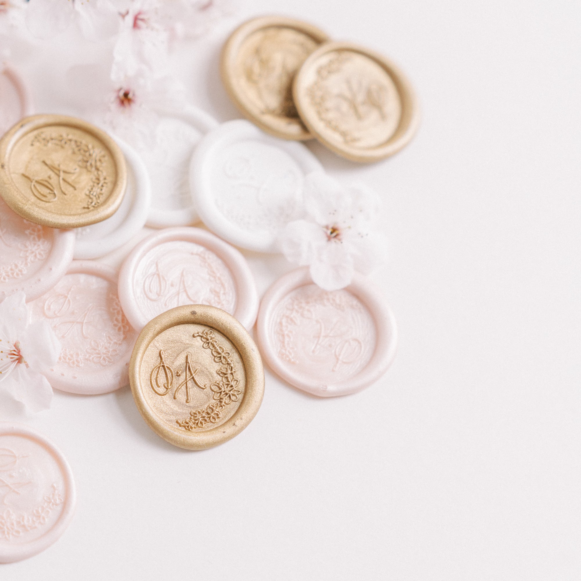 Emika Cherry Blossom Monogram Wax Seals for Fine Art Weddings | 'Sakura' Cherry Blossom Embellishments for Blush Pink Spring Wedding | Heirloom Seals